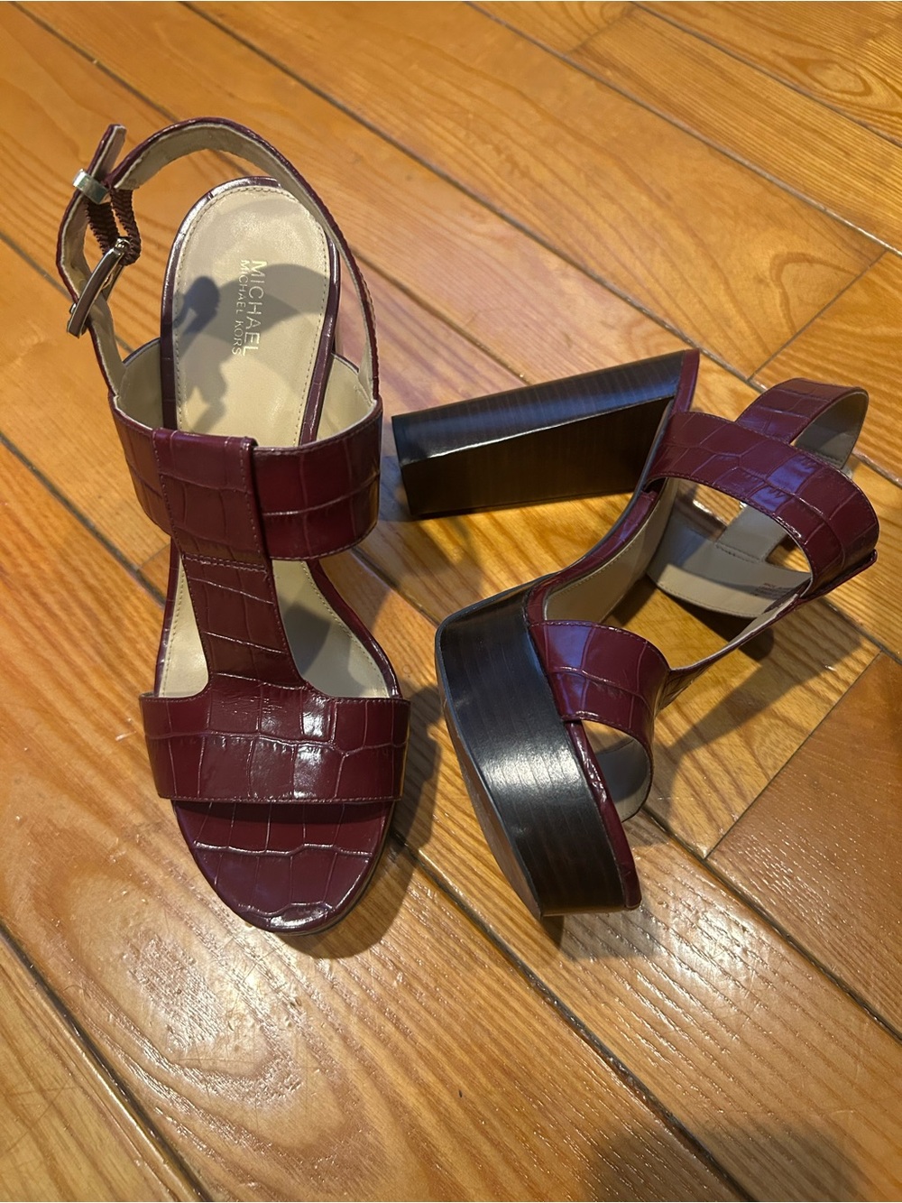 MICHAEL Michael Kors Burgundy Croc Embossed Platform Heel Sandals